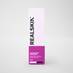 Realskin Accentuate Exfoliant in a two-tone purple rectangle box