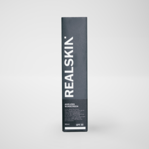 Realskin Ageless Sunscreen in a two-tone black rectangle box