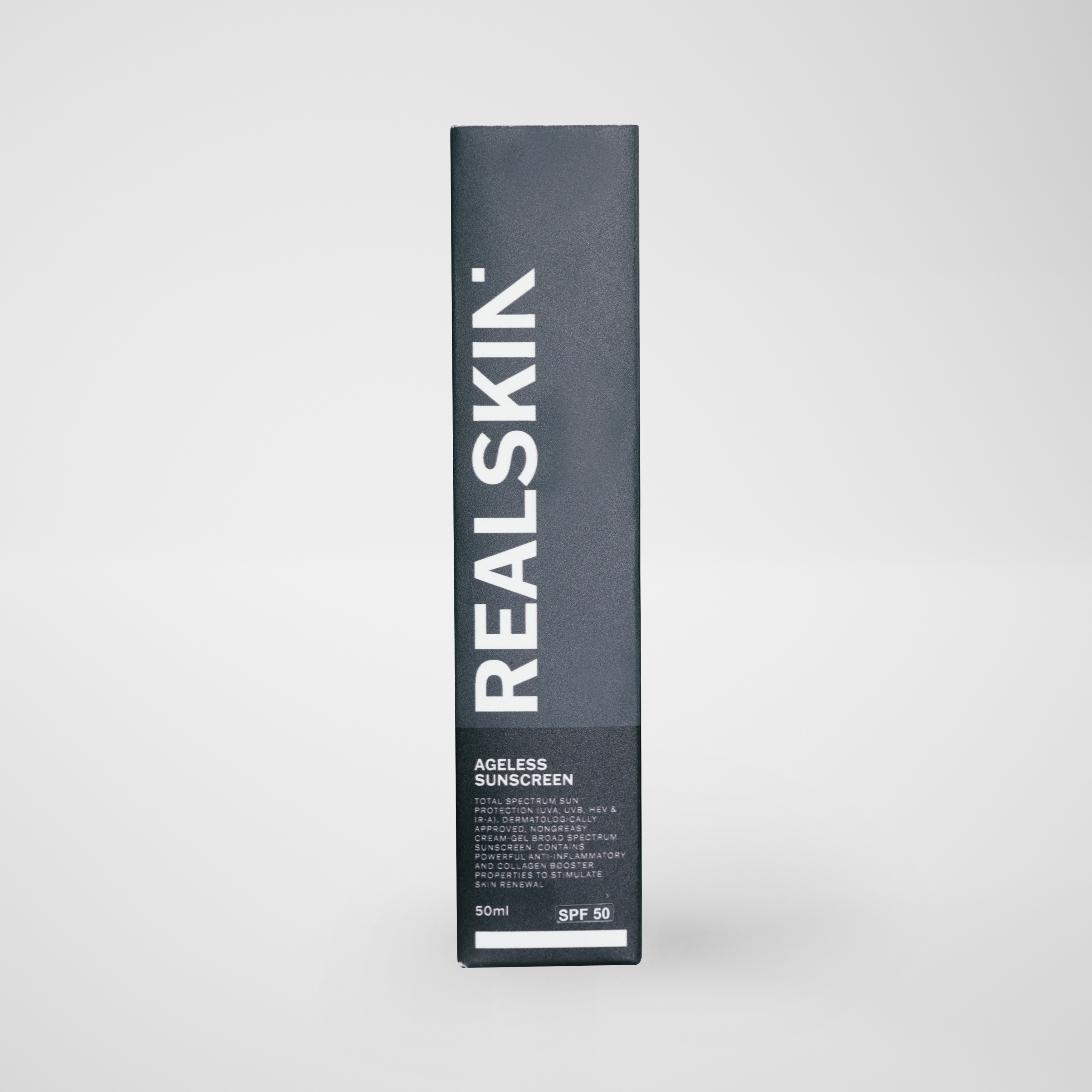 Realskin Ageless Sunscreen in a two-tone black rectangle box
