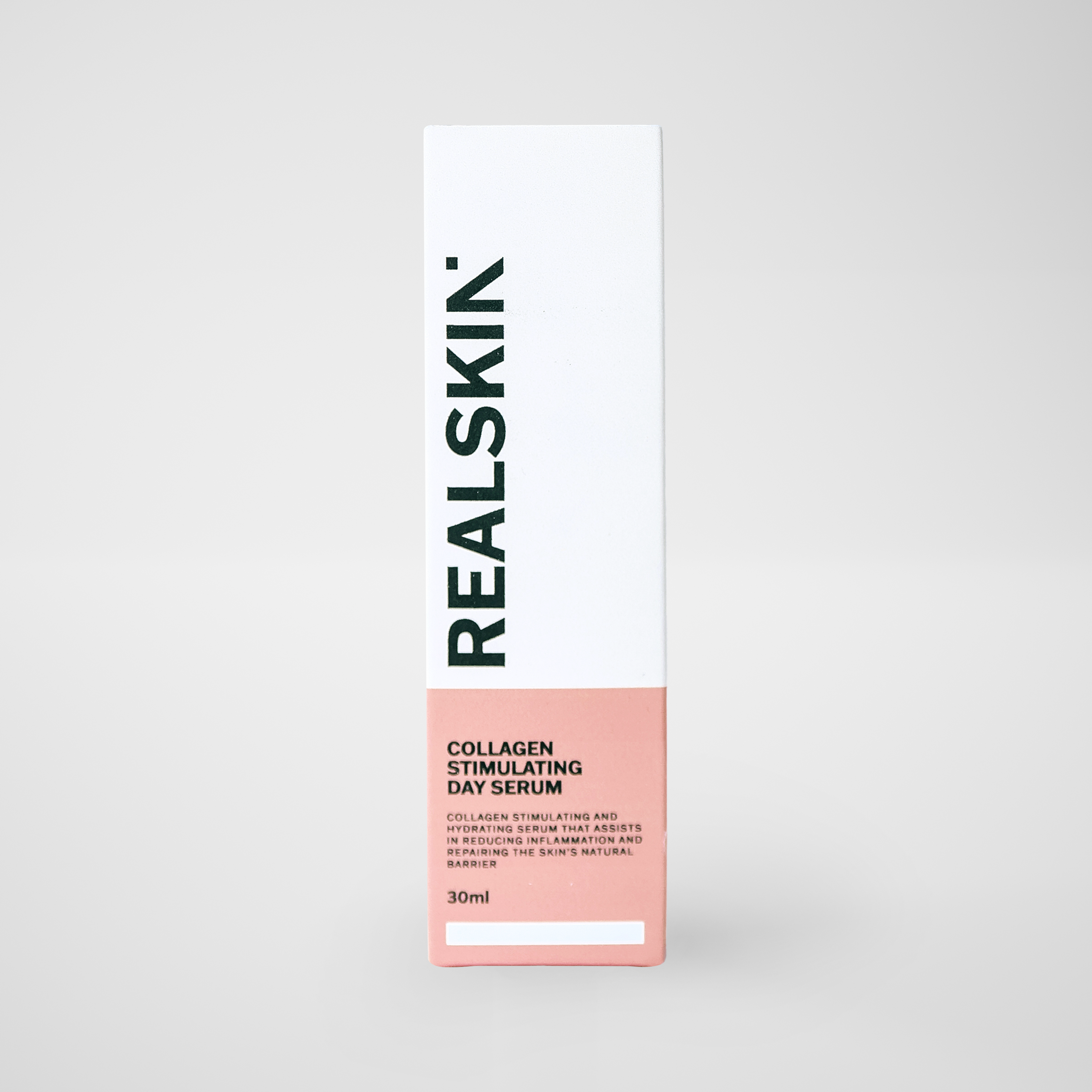 Realskin Collagen Stimulating Day Serum in a two-tone peach rectangle box