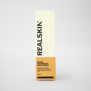 Realskin Renew Antioxidant Night Serum in a two-tone orange rectangle box