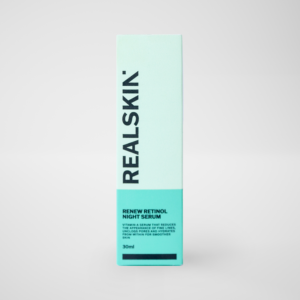 Realskin Renew Retinol Night Serum in a two-tone turquoise rectangle box