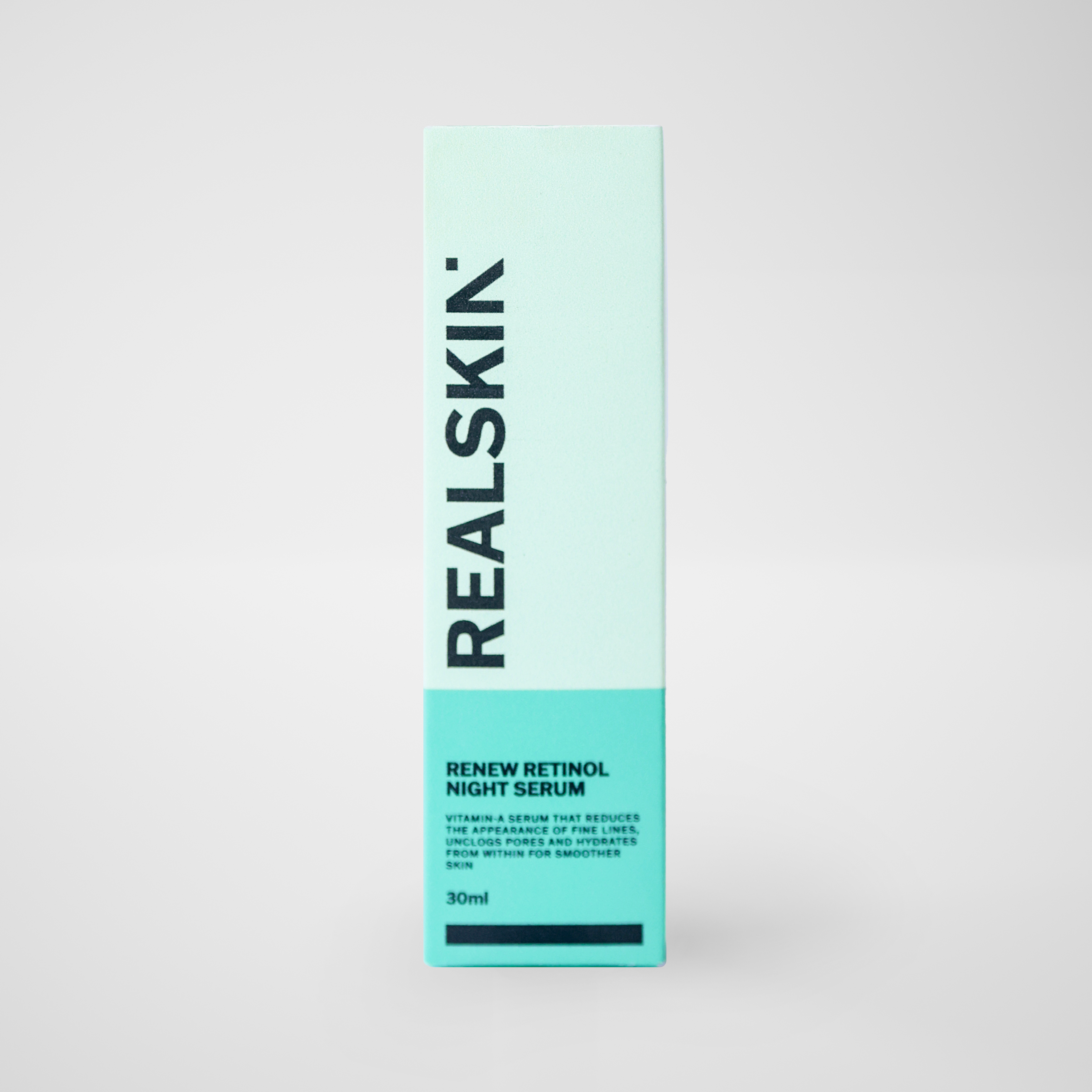 Realskin Renew Retinol Night Serum in a two-tone turquoise rectangle box