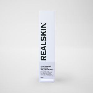 Realskin Sun Protection Light 2 Tinted Bronzing in a two-tone lighter grey rectangle box