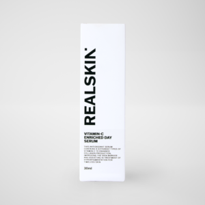 Realskin Vitamin-C Enriched Day Serum in a two-tone turquoise rectangle box